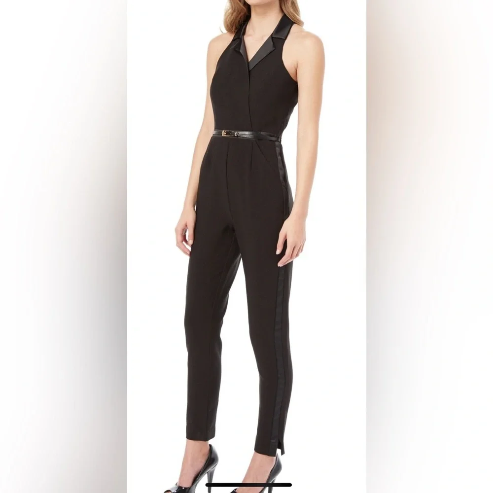 XOXO Black Tuxedo Jumpsuit Satin Lapel Sleeveless Evening Chic - Picture 1 of 17